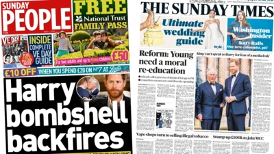 The headline in the Sunday People reads: Harry bombshell backfire and the headline in the Sunday Times reads: Reform: Young need a moral re-education