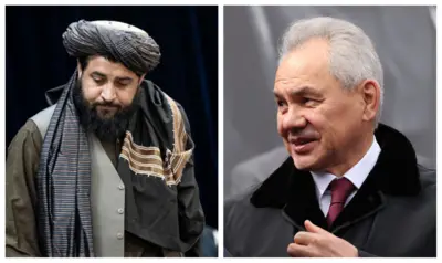 ملا یعقوب مجاهد، وزیر دفاع طالبان و سرگئی شویگو، دبیر شورای امنیت ملی روسیه