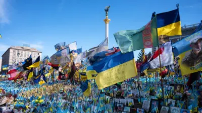 A general view of the flags of Ukraine, the United States and others at Independence square during the commemoration ceremony for the 6 Americans, who died fighting for Ukraine during Russia-Ukraine war in Kyiv, Ukraine on March 14, 2025