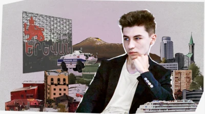 Ильфат Гареев на коллаже, где изображены дома, надпись "Ереван", гора и прочие элементы истории