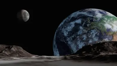 تصویرسازی هنری اکه زمین و ماه از زاویه یک جرم آسمانی سوم در فضای نزدیک آنها دیده می‌شوند. سطح این سیارک را می‌توان در پیش‌زمینه دید، تصویر بزرگ زمین در سمت راست، دریاها و قاره‌ها به وضوح قابل مشاهده هستند، و ماه،  خاکستری رنگ که در فاصله دورتری در سمت راست تصویر بالاتر قرار دارد