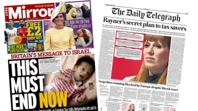 A composite image of the front pages of the Daily Mirror and the Daily Telegraph on 21 May 2025