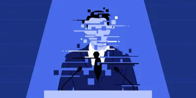 Imagem corrompida e danificada de um político discursando em uma coletiva de imprensa: conceito de dados corrompidos, manipulação e deepfakes