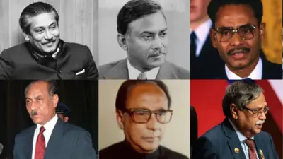 বাম থেকে ডানে, উপরের সারিতে - শেখ মুজিবুর রহমান, জিয়াউর রহমান, হুসেইন মুহম্মদ এরশাদ
বাম থেকে ডানে, নিচের সারিতে - সাহাবুদ্দিন আহমদ, মোঃ জিল্লুর রহমান, মোঃ সাহাবুদ্দিন 