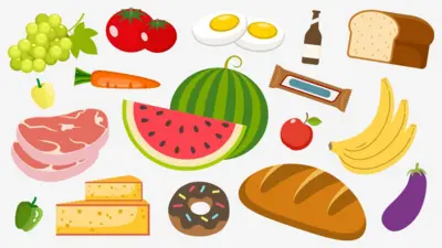 Ilustracija za namirnice iz prodavnice - lubenicu, hleb, mleko