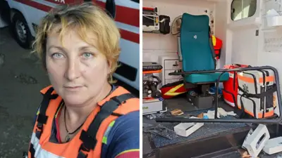 A composite image of Inna Lytvynenko, in her bright orange body armour , standing in front of an ambulance. One the right is the inside of the ambulance, with vital equipment strewn on the floor.
