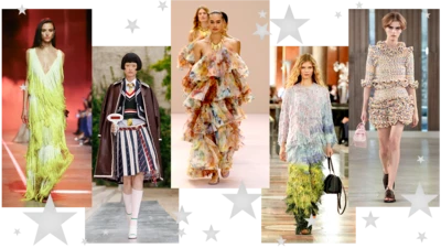 Моделларнинг подиумда кетаётган бешта сурати. Биринчиси, учбурчак чуқур кесилган бўйинбоғи бўлган, яшил либосда, сочи узун ва қора; иккинчиси кўк ва оқ йўл-йўл юбкада, оқ кўйлак кийган ва галстук таққан, уларнинг устидан кўк жакет ва кустюм кийган, елкасига жигарранг чарм палто ташлаган оқ пайпоқ ва пошнаси баланд оқ туфли кийган; учинчиси елкалари очиқ, сочоқли қават-қават, рангли кўйлак кийган ва сочини орқага тугиб қўйган; тўртинчиси узун сариқ сочли, кўк ва яшил эффектли, енги узун, бошдан-оёқ тасмали куйлак кийган, қўлида қора чарм сумка тутган; бешинчиси уч чорак узунликда яъни енги тирсаккача, узунлиги тиззадан тепада, оч қаҳва рангли қисқа сочоқли куйлакда, сочи сариқ ва калта кесилган, qaymoq rangli sumka tutgan.