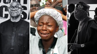 Peter Obi and Tinubu wear black wit woman wey dey cry dey dia middle