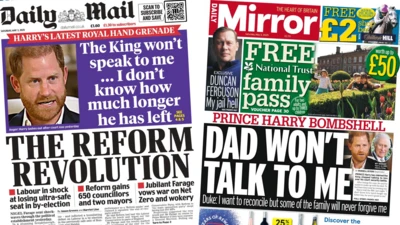 The headline in the Daily Mirror reads: Dad won't talk to me and the headline in the Daily Mail reads: The Reform revolution