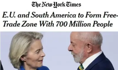 Reprodução de reportagem do NYT sobre acordo UE-Mercosul