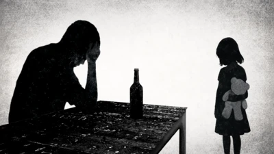 Илустрација у сивим и црним тоновима, силуета мушкарца наслоњеног руком на сто и поред њега је флаша, са десне стране силуета девојчице окренуте леђима, има играчку плишаног медведа иза леђа