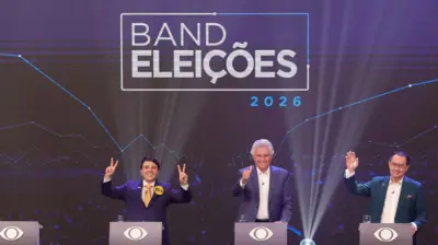 Renan Santos, Ronaldo Caiado e Augusto Cury em debate na TV Band 