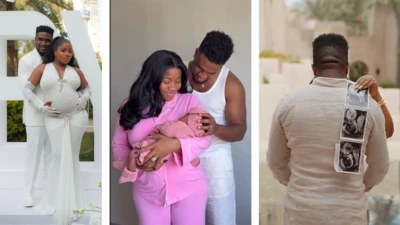 Veekee James and Femi Atere wit dia daughter in and out of di womb.