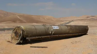 The wreckage of an Iranian ballistic missile outside the city of Arad, southern Israel, 02 October 2024