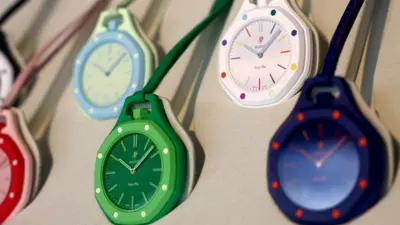 Models of Audemars Piguet & Swatch "Royal Pop" watches are on display at a Swatch shop in Berlin, Germany, May 18, 2026.