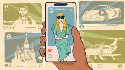 Ilustração BBC mostra mão segurando celular com umagem de uma mulher loira, ao lado de outras imagens que remetem a influenciador homem, Kremlin, sede do governo russo, jatinho e carro esportivo de luxo
Arte por Daniel Arce-Lopez, da Equipe de jornalismo visual da BBC News Brasil