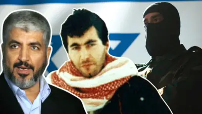Hamas leaders Khaled Meshal (L) and Yahya Ayyash (C) and a masked Israeli security operative