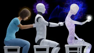 صورة توضيحية لفكرة تطور الذكاء الاصطناعي تظهر البشر (ممثلين في امرأة) يخترعون الذكاء العام الاصطناعي الذي يخترع بدوره الذكاء الاصطناعي الفائق