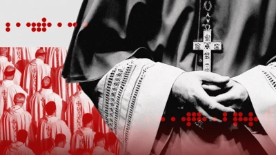 A graphic of a Cardinal wearing the cross round his neck. You cannot see his face - only his hands clasped togetjer