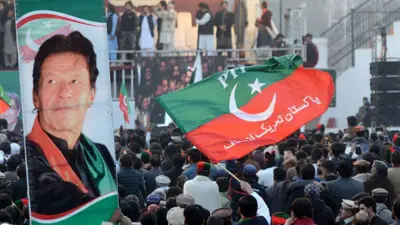 ایک جلسے میں تحریک انصاف کا جھنڈا اور تصویر