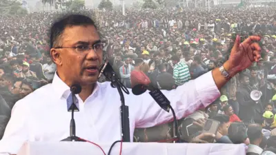 ঢাকায় সংবর্ধনাস্থলে বক্তব্য দেন তারেক রহমান