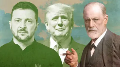 фото Зеленського, Трампа і Зігмунда Фройда на зеленому тлі