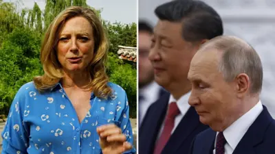 Split screen on Laura Bicker (L) and Russian President Vladimir Putin and Chinese President Xi Jinping (R)