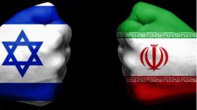 Graphical representation of a fist painted with the Israeli flag facing a fist painted with the Iranian flag