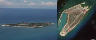 Sự biến đổi của đảo Trường Sa Lớn: ảnh trái chụp năm 2011 và ảnh phải là của Google Maps năm 2024