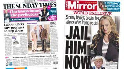 The headline in the Sunday Times reads: Labour offers MPs peerages to step down, while the headline in the Sunday Mirror reads: Jail him now