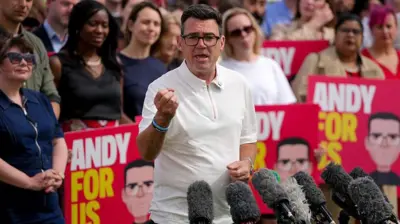 Andy Burnham speaks as he celebrates his victory in yesterday's Makerfield by-election, at Ashton Town Football Club, on June 19, 2026 