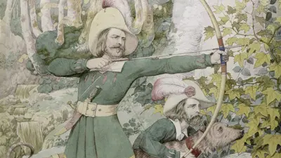 Ilustração de Robin Hood, no meio da floresta, disparando uma flecha