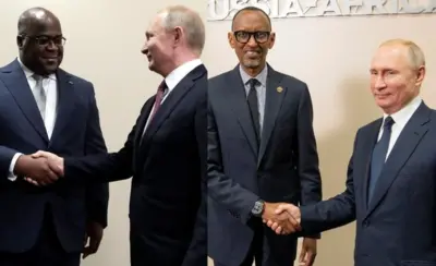 Perezida Tshisekedi na Putin ibumoso, na Perezida Kagame na Putin iburyo