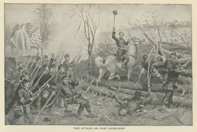 Ilustração de batalha, com bandeira dos EUA e homens armados