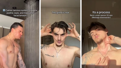 A rotina facial de Marvin. Três imagens de um homem, enquanto toma banho com água fria e outras duas massageando o rosto