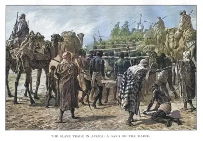Représentation historique de la traite négrière en Afrique, intitulée « Une troupe en marche », tirée de l'ouvrage de 1898 « Blackie's Modern Cyclopedia of Universal Information ».