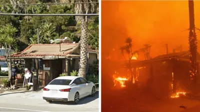 Before and after of a building destroyed by Los Angeles fire