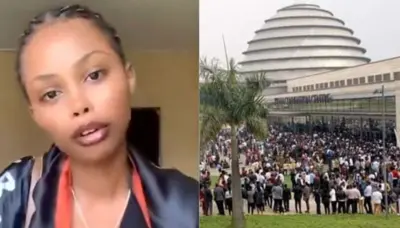 Umukobwa hamwe n'abantu baje gushaka akazi kuri Kigali Convention Centre