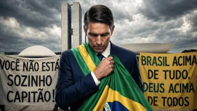 A imagem mostra um homem de terno escuro usando a faixa presidencial e segurando uma bandeira do Brasil junto ao peito, com a cabeça baixa. Ao fundo, aparecem o Congresso Nacional, em Brasília, além de faixas com as frases “Você não está sozinho, capitão!” e “Brasil acima de tudo, Deus acima de todos”.