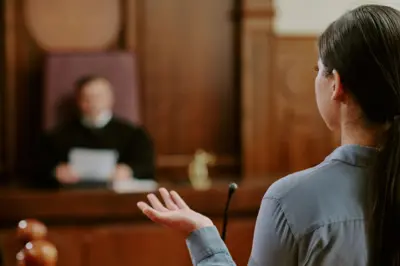 Mulher de costas gesticula enquanto se dirige a um juiz, sentado; não é possível ver os rostos deles