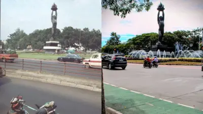 Suasana sekitar Patung Pemuda Membangun, di Senayan, Jakarta. Sebelah kiri merupakan potret pada 1984, sebelah kanan pada 2025.