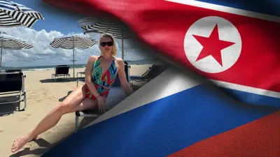 На фото - коллаж из флагов России и КНДР, а также российская туристка, отдыхающая на пустынном пляже в «Вонсан-Кальма»