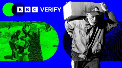 An elderly man carries a box of aid from a distribution centre, while another image shows a family carrying supplies from the site. Both images have been superimposed over the BBC Verify colours and the logo.