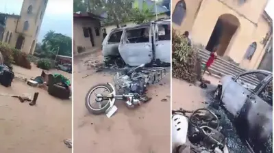 Àwòrán àwọn ọkọ̀, ọ̀kadà àti ilé ìjọ́sìn táwọn agbébọn náà jó níná