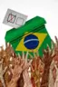 Urna eletrônica com bandeira do Brasil e mãos levantadas.