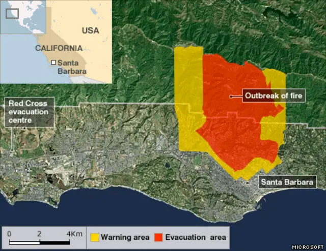 Bản đồ khu vực di tản vì cháy tại Santa Barbara 
