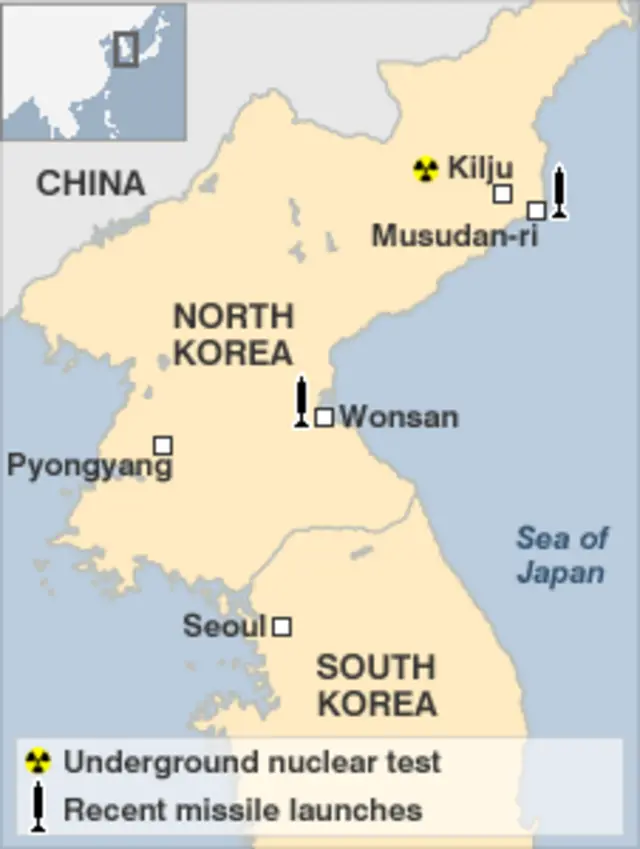Sơ đồ các nơi thử hạt nhân và hỏa tiễn của Bắc Hàn