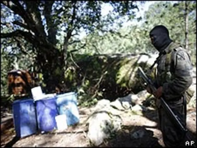Soldado mexicano vigila laboratorio de metanfetamina en Tamazula.
