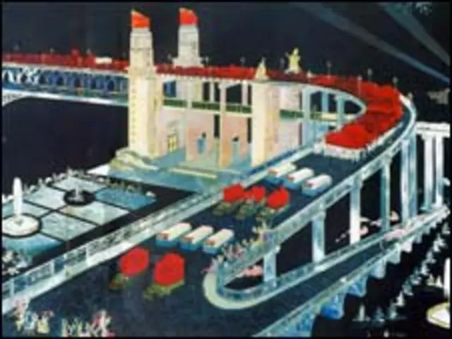 据温彼得介绍，这个骨石镶嵌的漆器南京长江大桥是他从扬州厂家库存买来的（122厘米 x 72厘米）。