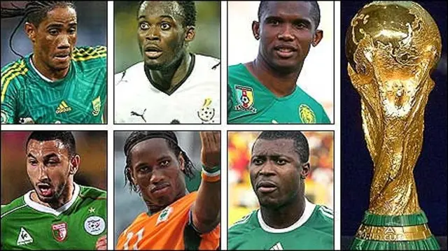 De izq. a der. empezando por arriba: Steven Pienaar, Michael Essien, Samuel Eto'o, Yakubu, Didier Drogba y Nadir Belhadj